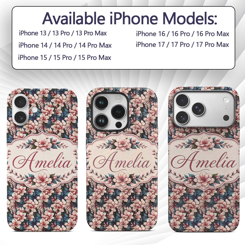 Elegant Pink Blossom Floral with Blue Leaves Custom Name Protective Phone Case Mobile Cover Durable Everyday Smartphone Shock Resistant