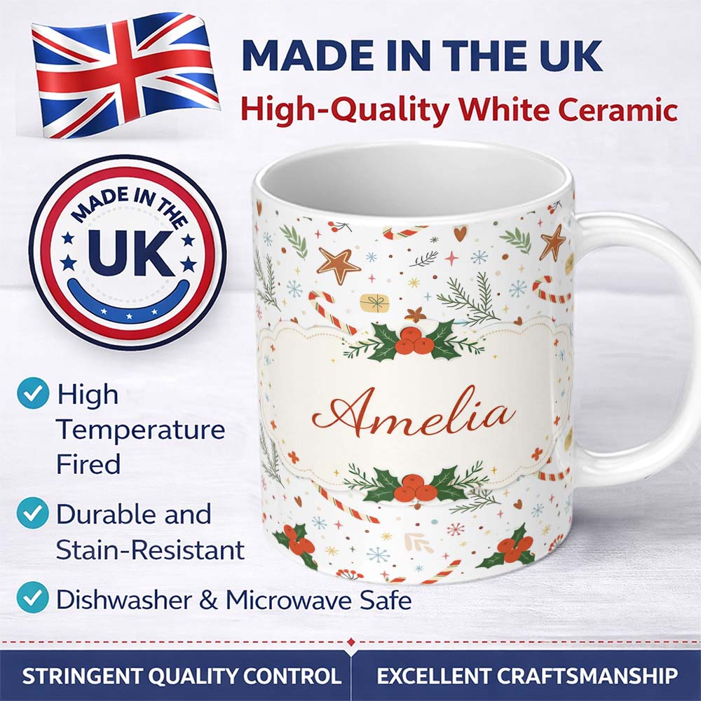 Personalized Custom Name Minimal Christmas Candy Cane Star Pattern Cute Seamless Design 11oz Ceramic Coffee Tea Mug White Large Handle