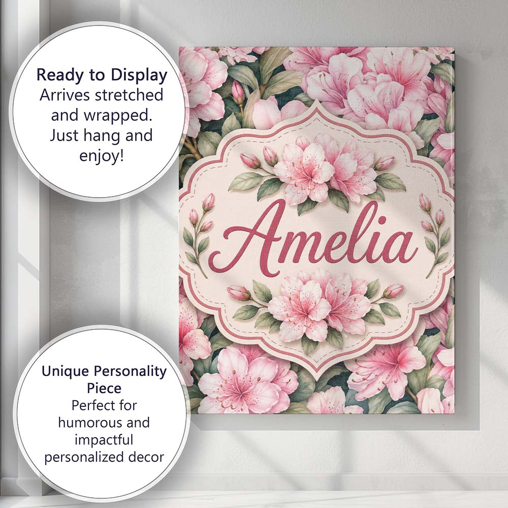 Personalised Name Soft Pink Azalea Flowers Custom Unique Gift Idea Elegant Feature Canvas Wall Art Print Decor Picture Ready to Hang