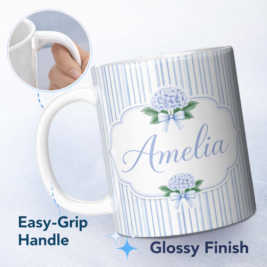 Personalized Custom Name Blue Vertical Stripe Classic Seamless Pattern Perfect Gift for Her 11oz Ceramic Coffee Tea Mug White Large Handle