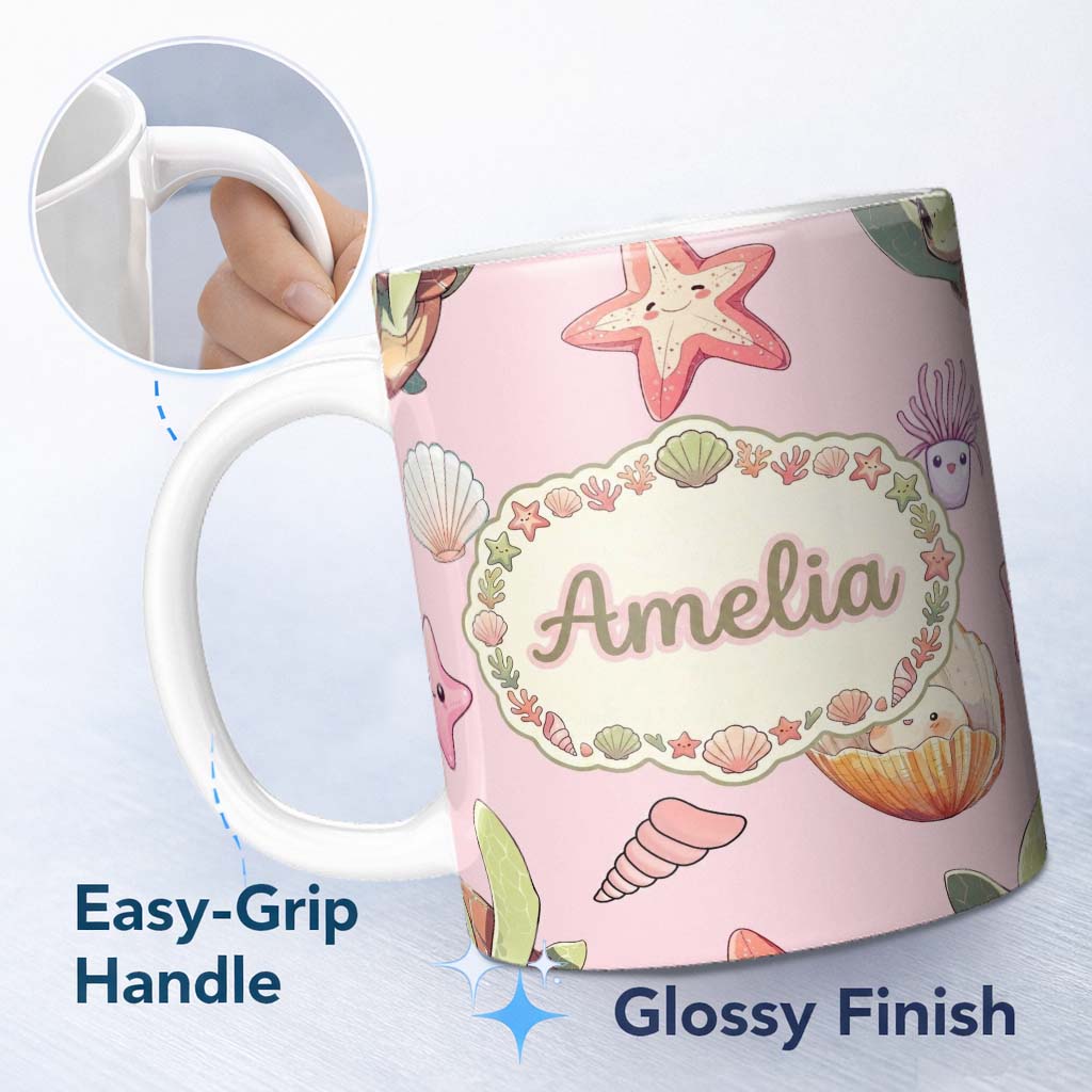 Personalized Custom Name Cute Sea Turtle Starfish Shell Kawaii Ocean Seamless Pattern Pink 11oz Ceramic Coffee Tea Mug White Large Handle