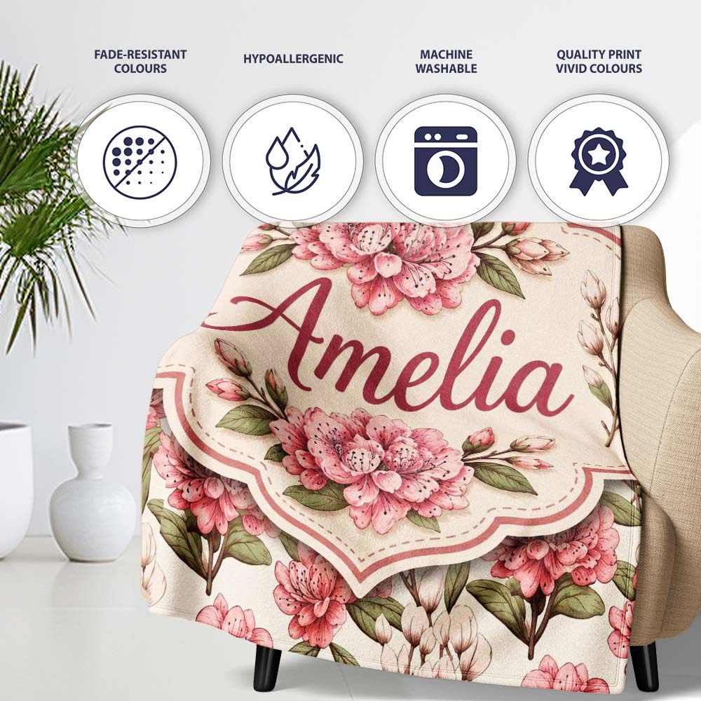 Vintage Pink Floral Branches with Neutral Background Seamless Lovely Personalised Custom Name Super Soft Fleece Blanket Bed Sofa Throw
