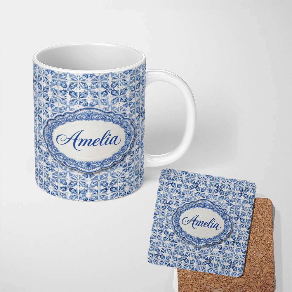 Personalized Custom Name Classic Blue White Portuguese Tile Floral Seamless Pattern Lovely 11oz Ceramic Coffee Tea Mug White Large Handle
