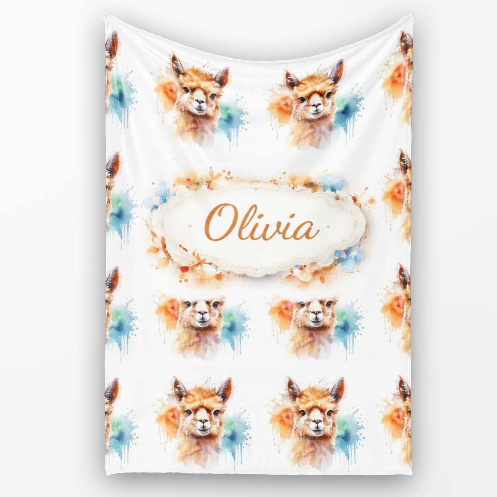Watercolour Alpaca Pattern Cute Animal Artistic Design Lovely Personalised Custom Name Super Soft Fleece Blanket Bed Sofa Throw