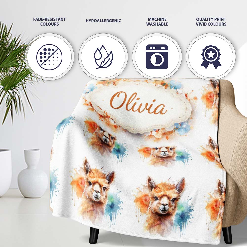 Watercolour Alpaca Pattern Cute Animal Artistic Design Lovely Personalised Custom Name Super Soft Fleece Blanket Bed Sofa Throw