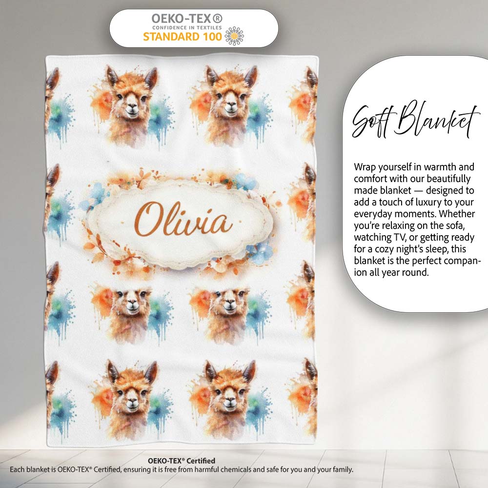 Watercolour Alpaca Pattern Cute Animal Artistic Design Lovely Personalised Custom Name Super Soft Fleece Blanket Bed Sofa Throw