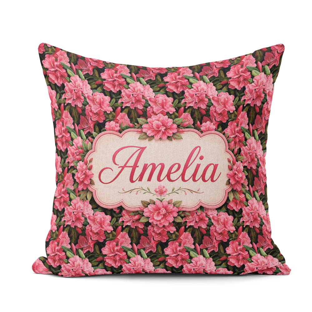 Custom Name Vibrant Pink Rhododendron Flowers Background Pattern Square Filled Cushion Throw Pillow Sofa Bed Home Decor Zip Washable UK Made