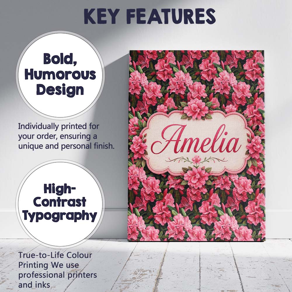 Personalised Name Vibrant Pink Rhododendron Custom Bespoke Interior Contemporary Canvas Wall Art Print Decor Picture Ready to Hang