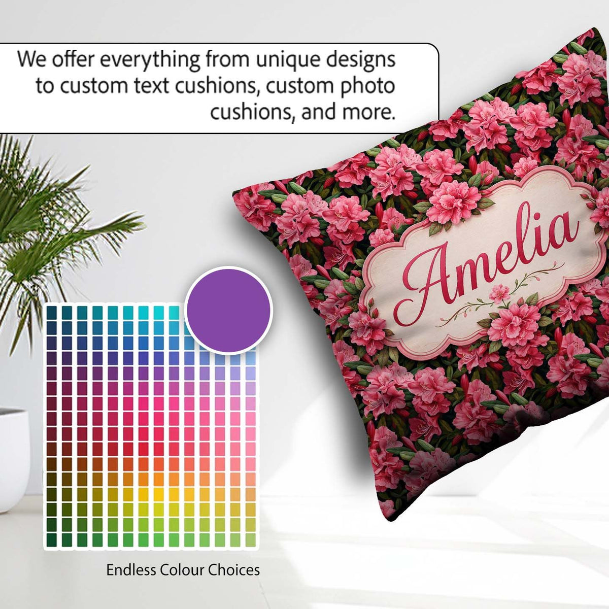 Custom Name Vibrant Pink Rhododendron Flowers Background Pattern Square Filled Cushion Throw Pillow Sofa Bed Home Decor Zip Washable UK Made