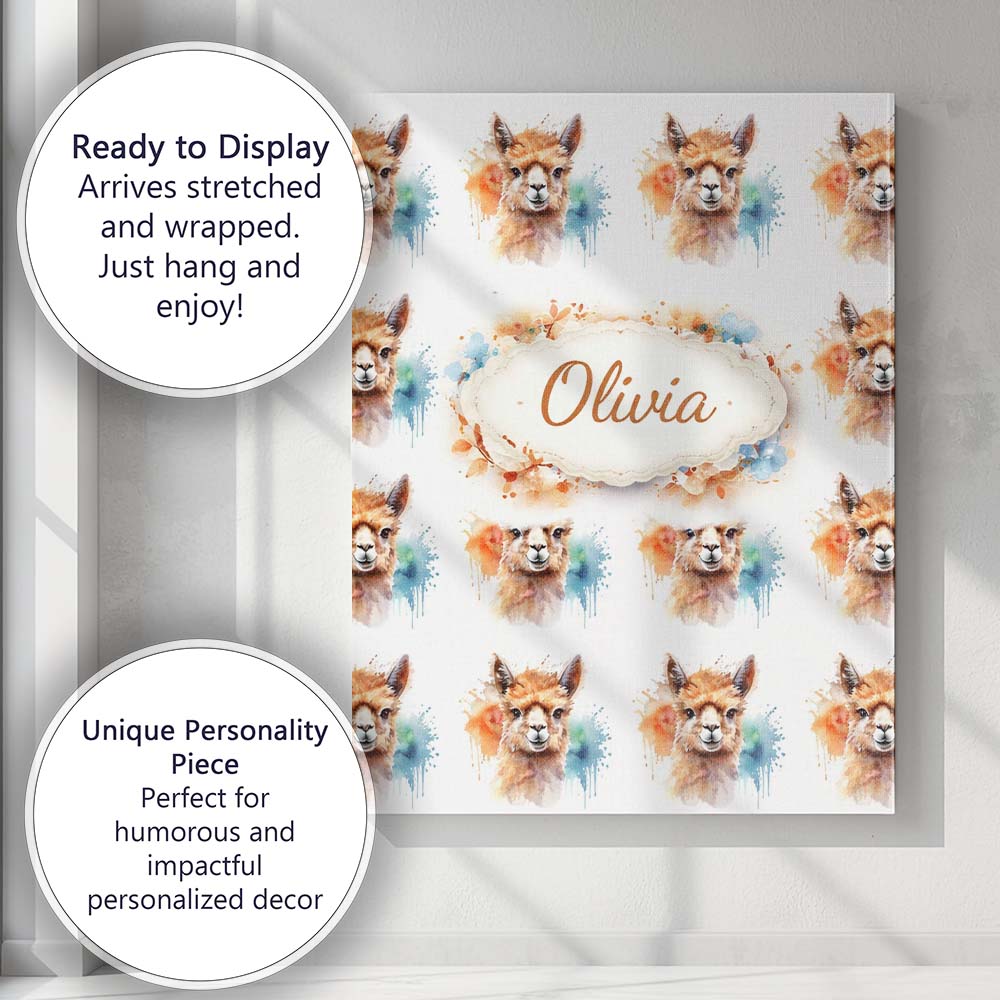 Personalised Name Watercolour Alpaca Pattern Cute Animal Artistic Custom Bespoke Canvas Wall Art Print Decor Picture Ready to Hang