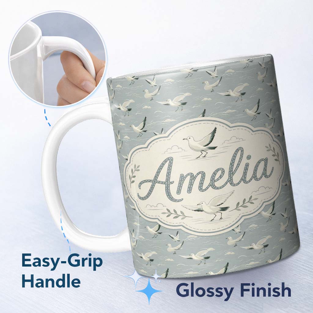 Personalized Custom Name Elegant Flying Seagulls Soft Cloud Sky Seamless Pattern Lovely 11oz Ceramic Coffee Tea Mug White Large Handle
