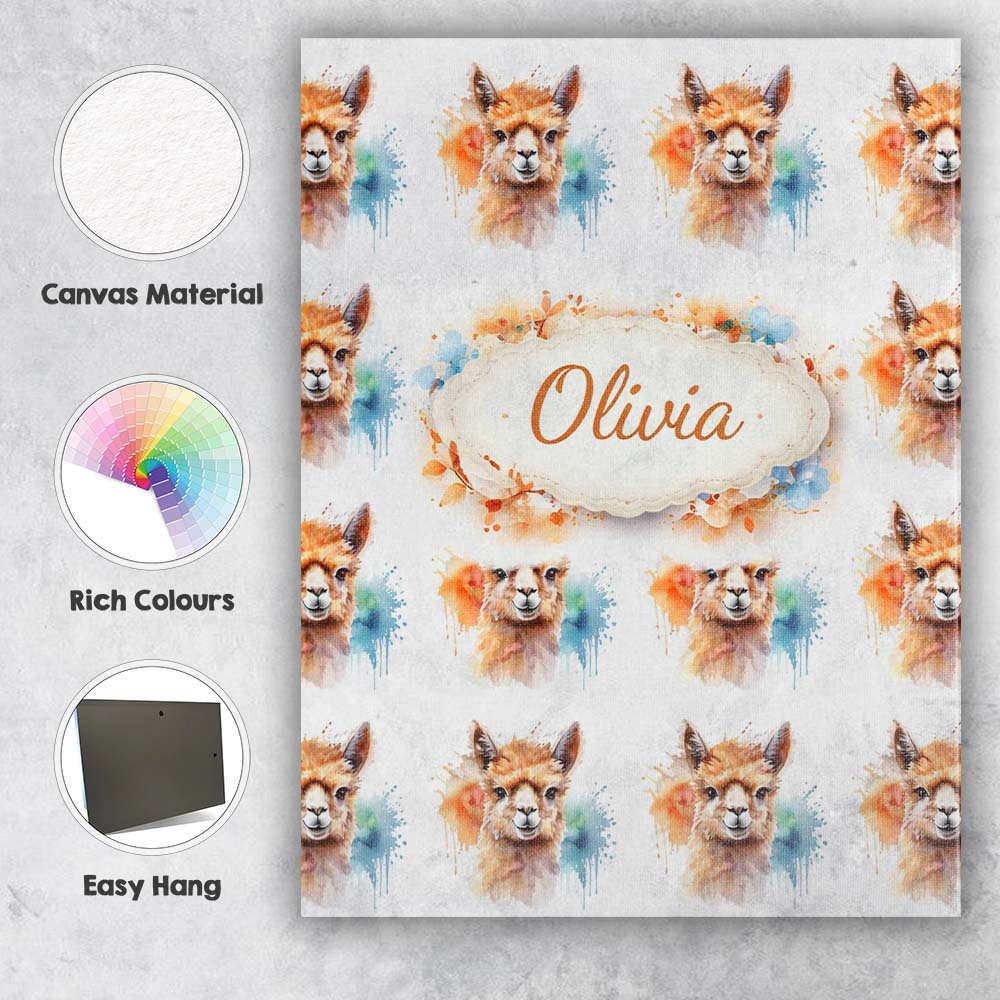 Personalised Name Watercolour Alpaca Pattern Cute Animal Artistic Custom Bespoke Canvas Wall Art Print Decor Picture Ready to Hang
