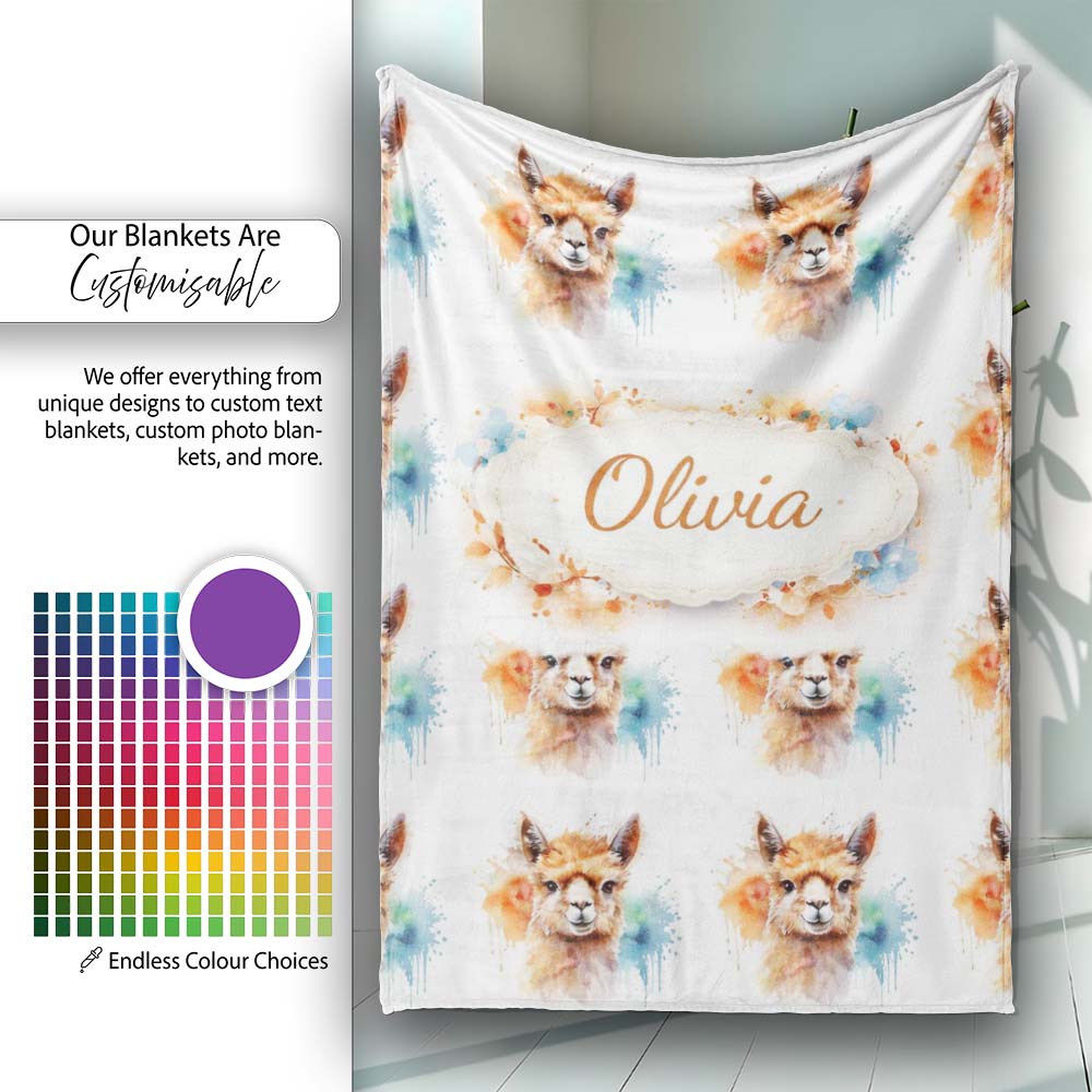 Watercolour Alpaca Pattern Cute Animal Artistic Design Lovely Personalised Custom Name Super Soft Fleece Blanket Bed Sofa Throw