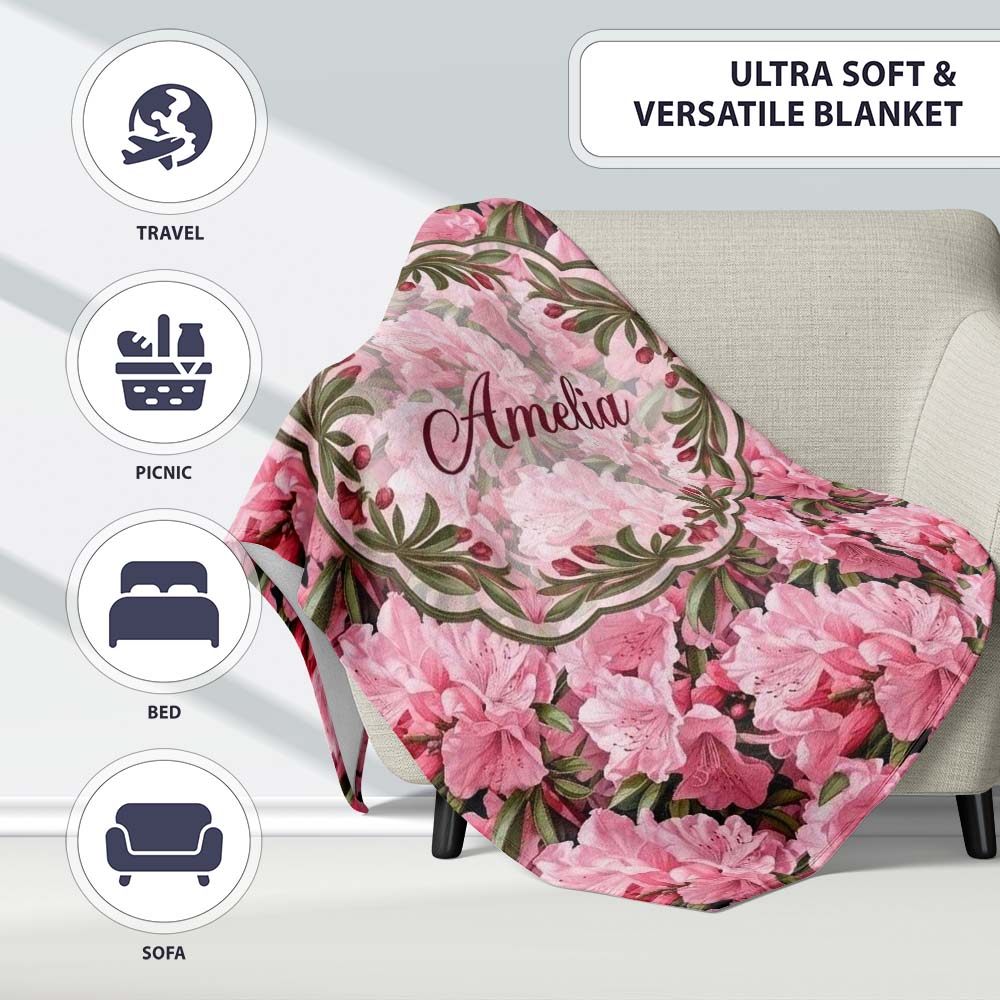 Classic Pink Floral Arrangement Elegant Repeat Seamless Pattern Personalised Custom Name Super Soft Fleece Blanket Bed Sofa Throw