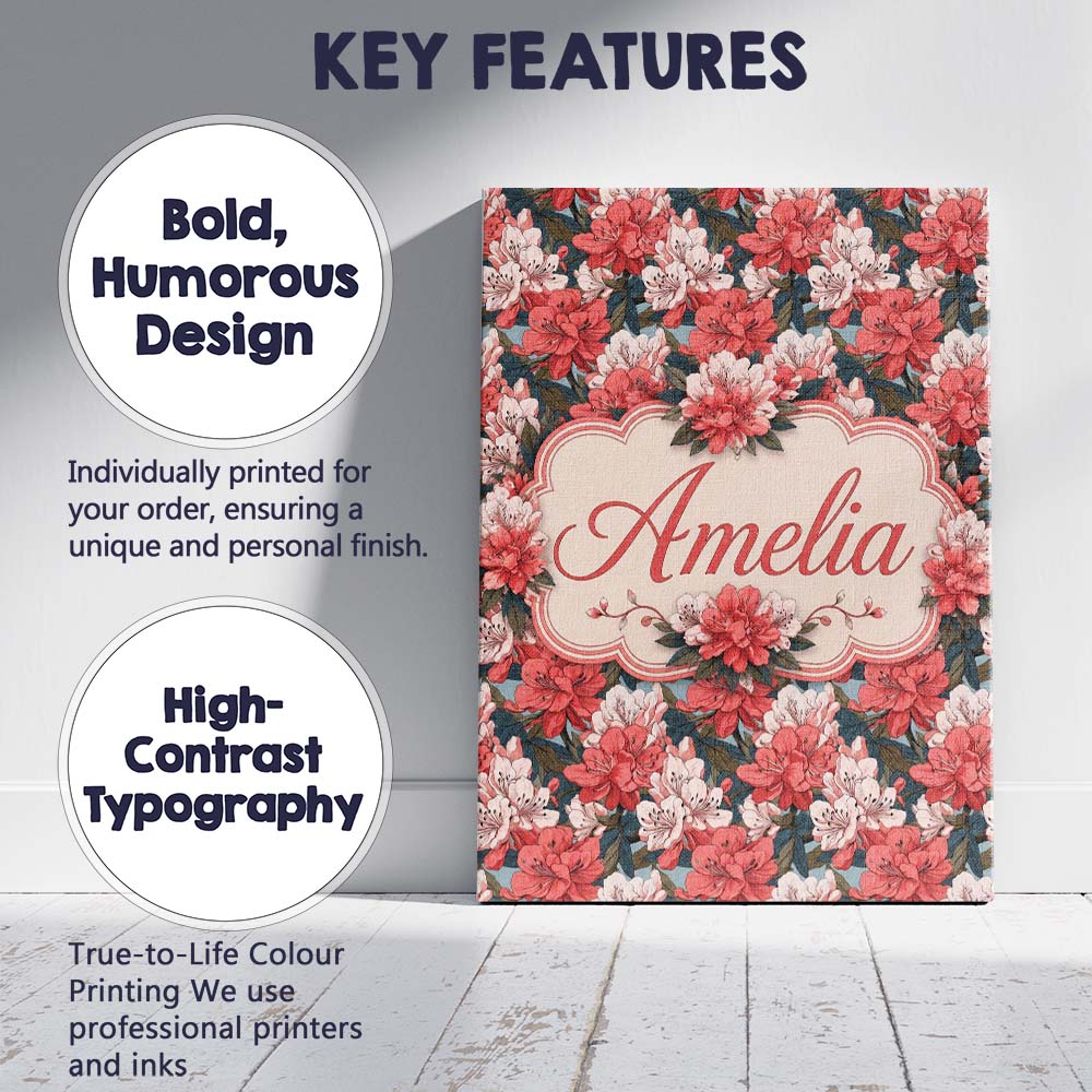 Personalised Name Coral and Cream Floral Custom Unique Gift Idea Elegant Feature Canvas Wall Art Print Decor Picture Ready to Hang