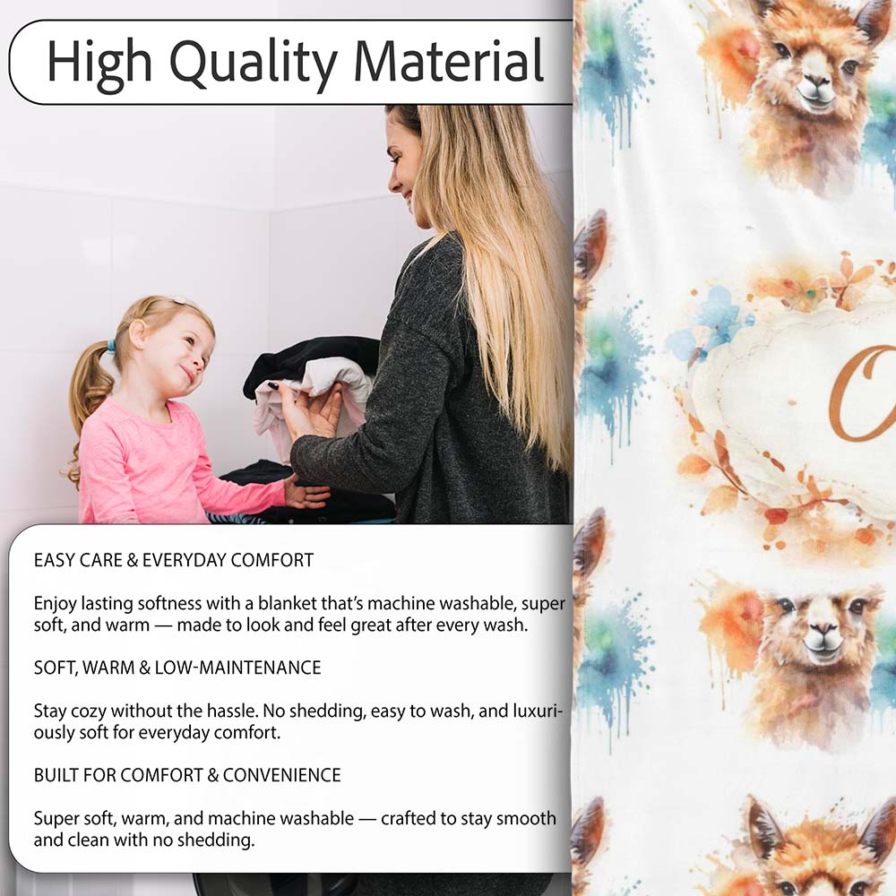 Watercolour Alpaca Pattern Cute Animal Artistic Design Lovely Personalised Custom Name Super Soft Fleece Blanket Bed Sofa Throw