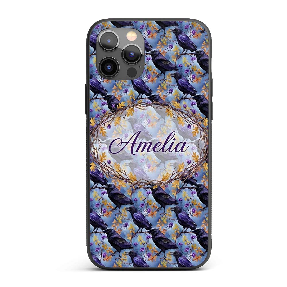 Purple Black Raven Bird with Decorative Design Custom Name Protective Phone Case Mobile Cover Durable Everyday Smartphone Shock Resistant