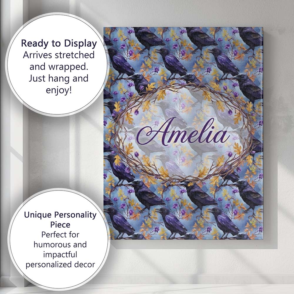 Personalised Name Purple Black Raven Bird Custom Unique Gift Idea Elegant Feature Canvas Wall Art Print Decor Picture Ready to Hang