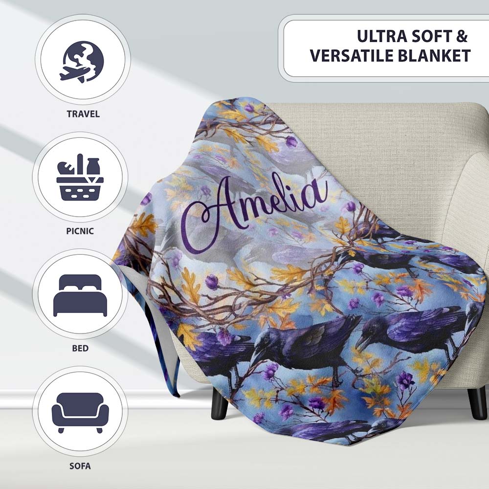 Purple Black Raven Bird with Autumn Leaves Seamless Pattern Lovely Personalised Custom Name Super Soft Fleece Blanket Bed Sofa Throw