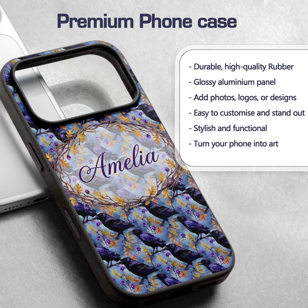 Purple Black Raven Bird with Decorative Design Custom Name Protective Phone Case Mobile Cover Durable Everyday Smartphone Shock Resistant
