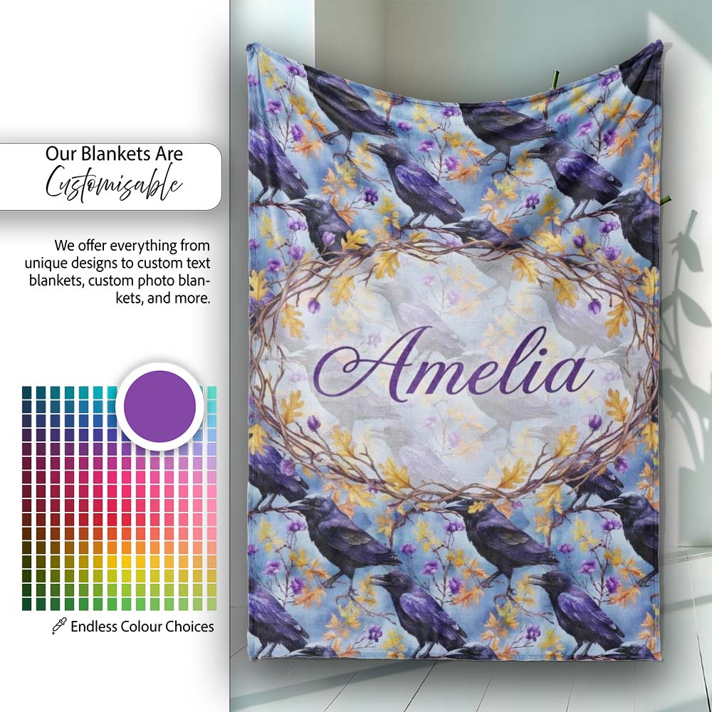 Purple Black Raven Bird with Autumn Leaves Seamless Pattern Lovely Personalised Custom Name Super Soft Fleece Blanket Bed Sofa Throw