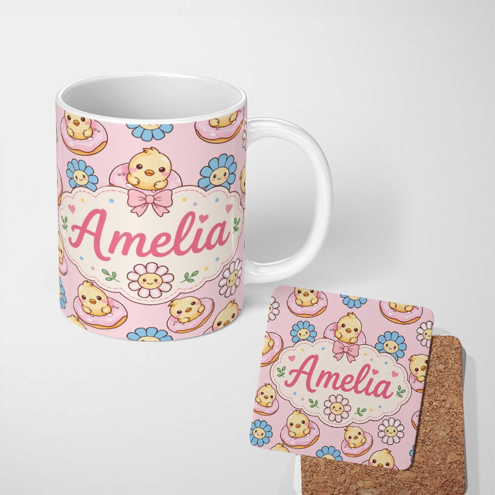 Personalized Custom Name Cute Baby Chick Donut Flowers Seamless Pattern Light Pink Background 11oz Ceramic Coffee Tea Mug White Large Handle