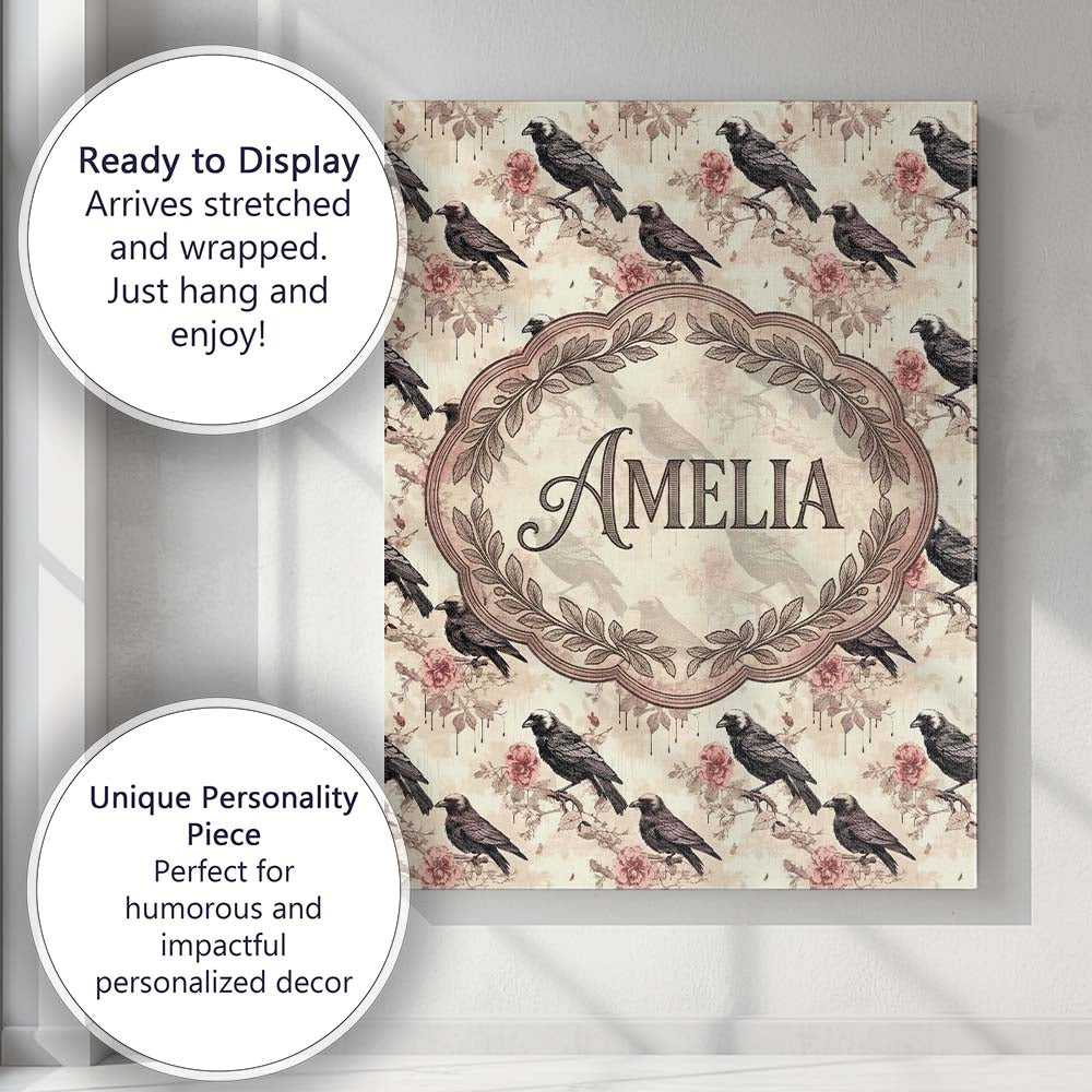 Personalised Name Dark Raven Bird with Custom Modern Room Accent Elegant Feature Canvas Wall Art Print Decor Picture Ready to Hang
