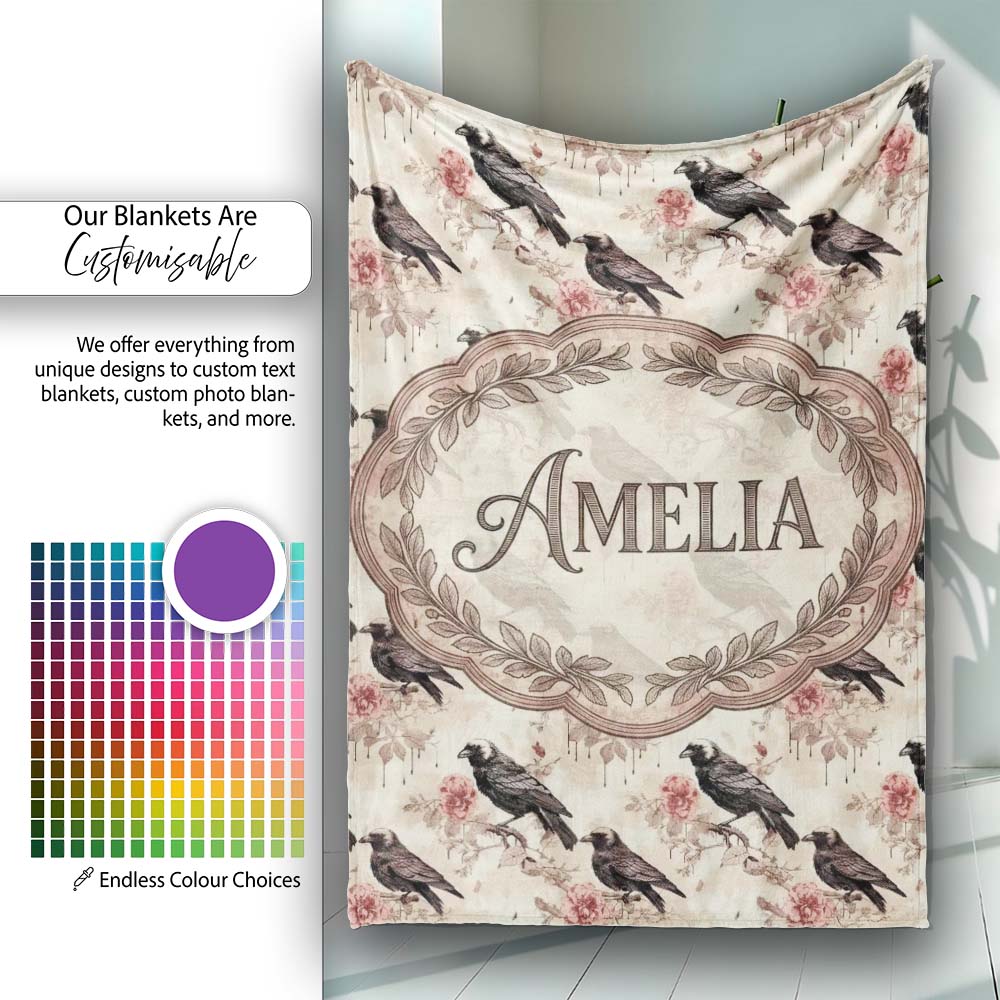 Dark Raven Bird with Roses Vintage Style Seamless Pattern Lovely Personalised Custom Name Super Soft Fleece Blanket Bed Sofa Throw