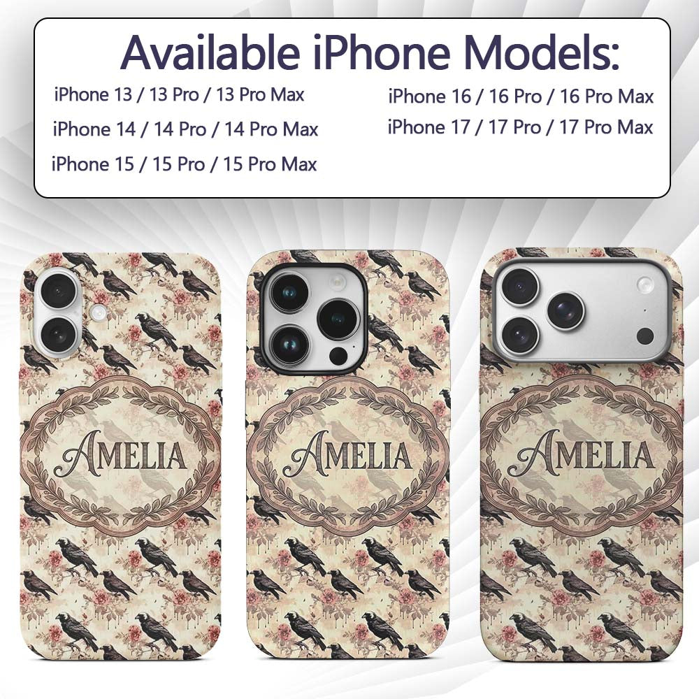 Dark Raven Bird with Roses Vintage Style Seamless Custom Name Protective Phone Case Mobile Cover Durable Everyday Smartphone Shock Resistant