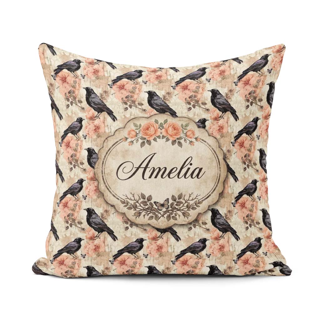 Custom Name Crow Birds Grunge Orange Background Seamless Pattern Square Filled Cushion Throw Pillow Sofa Bed Home Decor Zip Washable UK Made