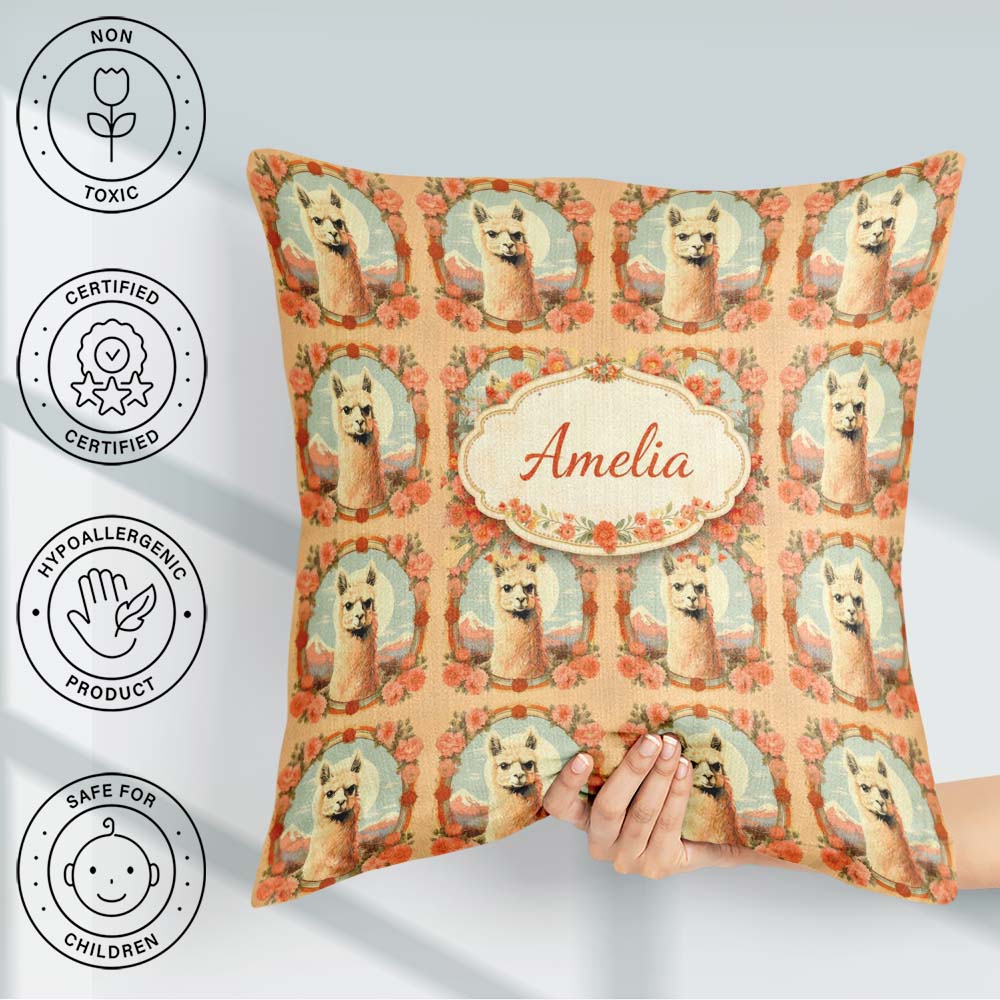 Custom Name Floral Frame Alpaca Pattern Decorative Animal Design Square Filled Cushion Throw Pillow Sofa Bed Home Decor Zip Washable UK Made