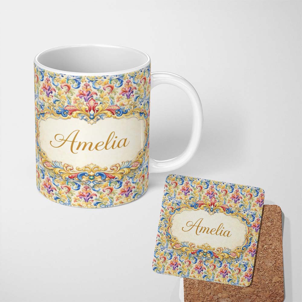 Personalized Custom Name Colourful Rainbow Baroque Floral Bright Artistic Ornamental Design 11oz Ceramic Coffee Tea Mug White Large Handle