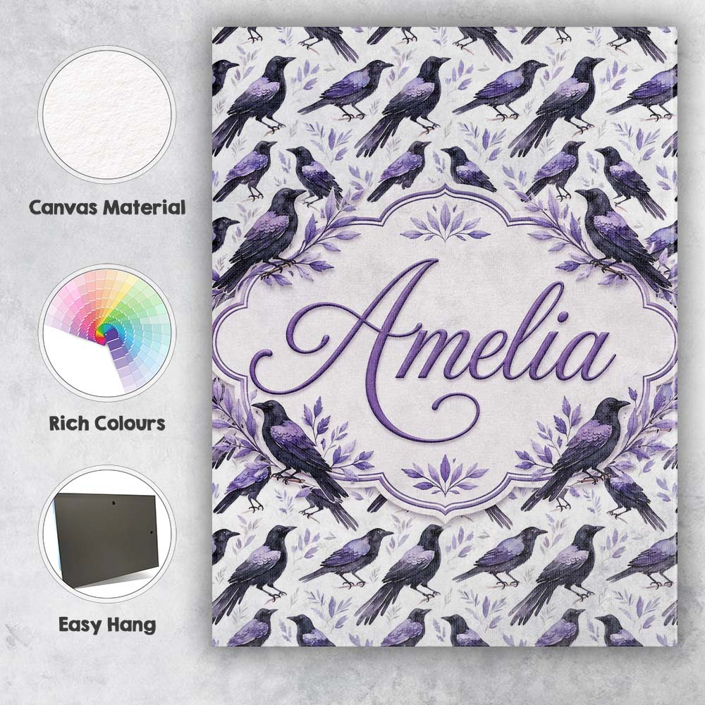 Personalised Name Purple Black Raven Birds Custom Unique Gift Idea Elegant Feature Canvas Wall Art Print Decor Picture Ready to Hang