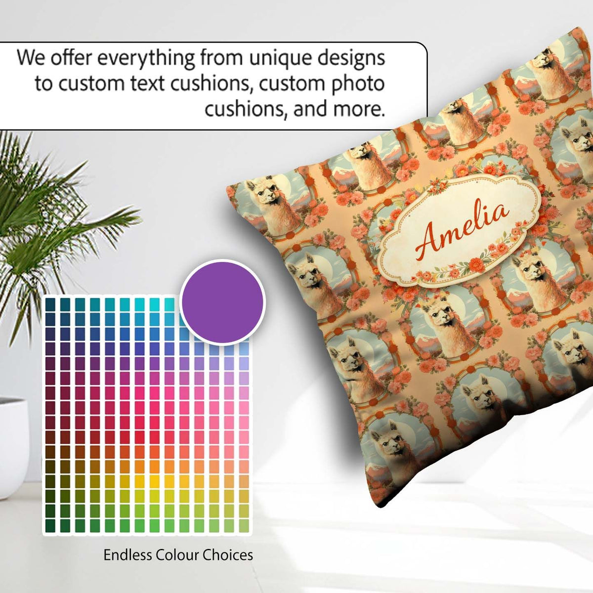 Custom Name Floral Frame Alpaca Pattern Decorative Animal Design Square Filled Cushion Throw Pillow Sofa Bed Home Decor Zip Washable UK Made
