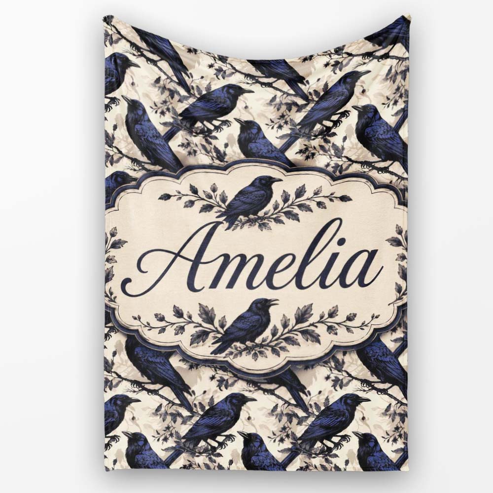 Deep Blue Raven Birds with Branches Seamless Pattern Lovely Personalised Custom Name Super Soft Fleece Blanket Bed Sofa Throw