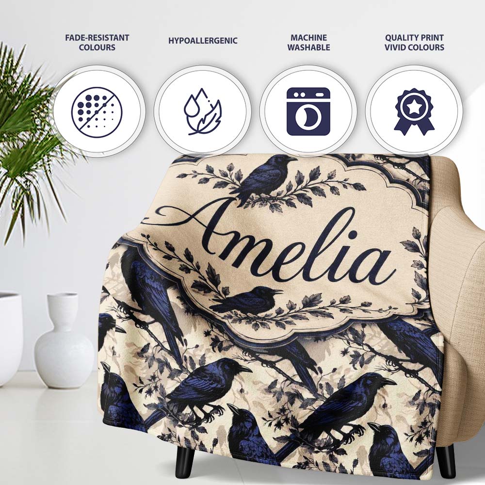 Deep Blue Raven Birds with Branches Seamless Pattern Lovely Personalised Custom Name Super Soft Fleece Blanket Bed Sofa Throw