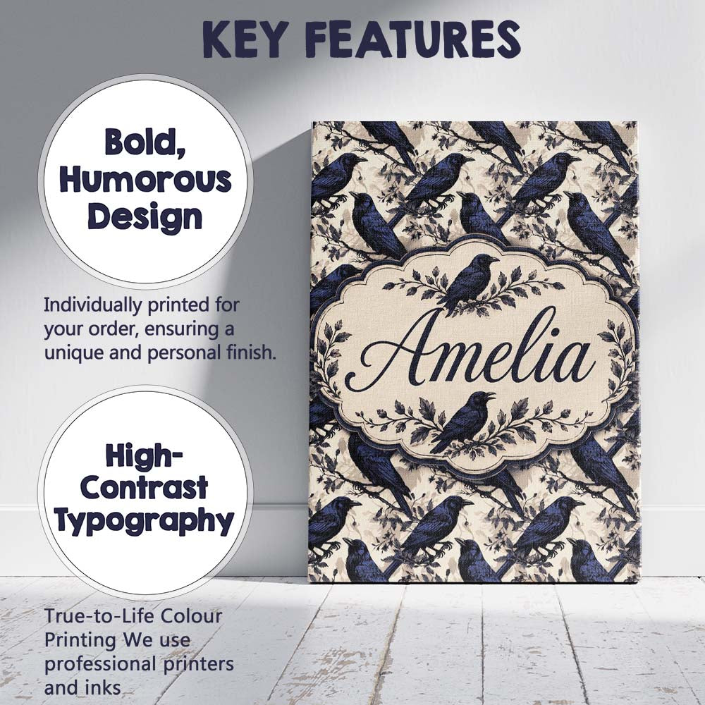 Personalised Name Deep Blue Raven Birds Custom Modern Room Accent Elegant Feature Canvas Wall Art Print Decor Picture Ready to Hang