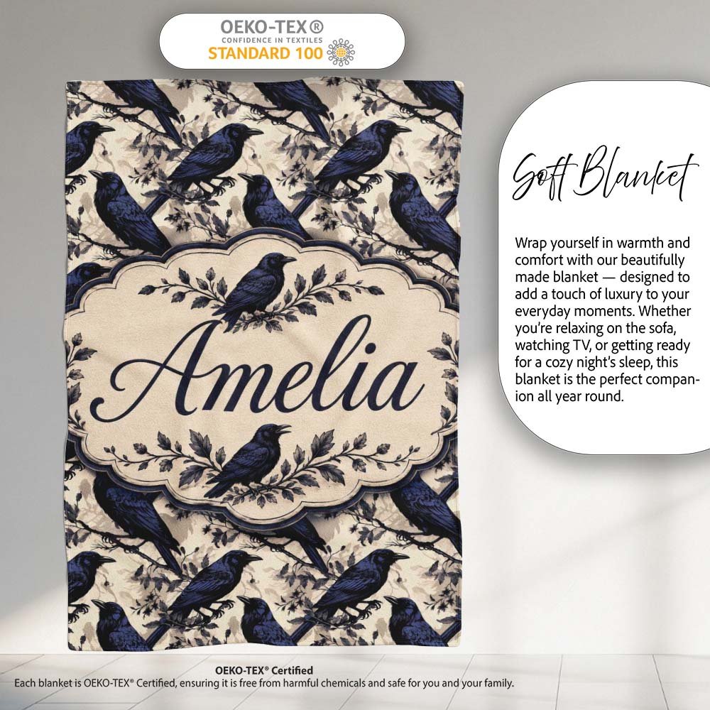 Deep Blue Raven Birds with Branches Seamless Pattern Lovely Personalised Custom Name Super Soft Fleece Blanket Bed Sofa Throw