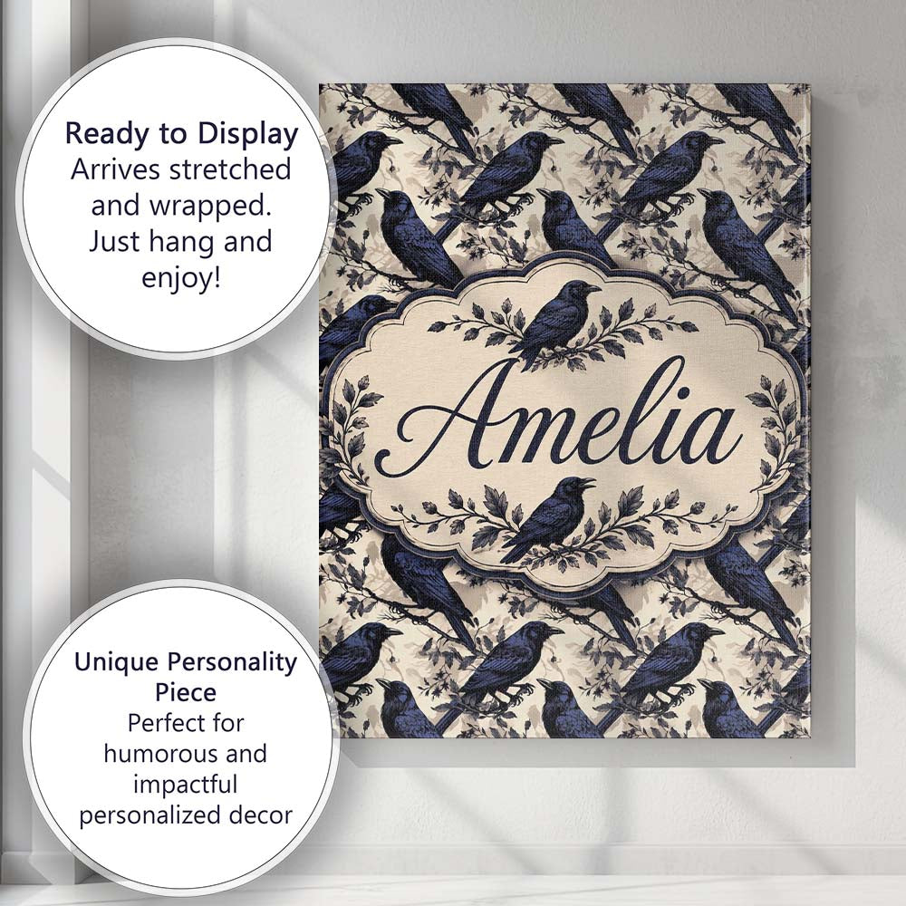 Personalised Name Deep Blue Raven Birds Custom Modern Room Accent Elegant Feature Canvas Wall Art Print Decor Picture Ready to Hang