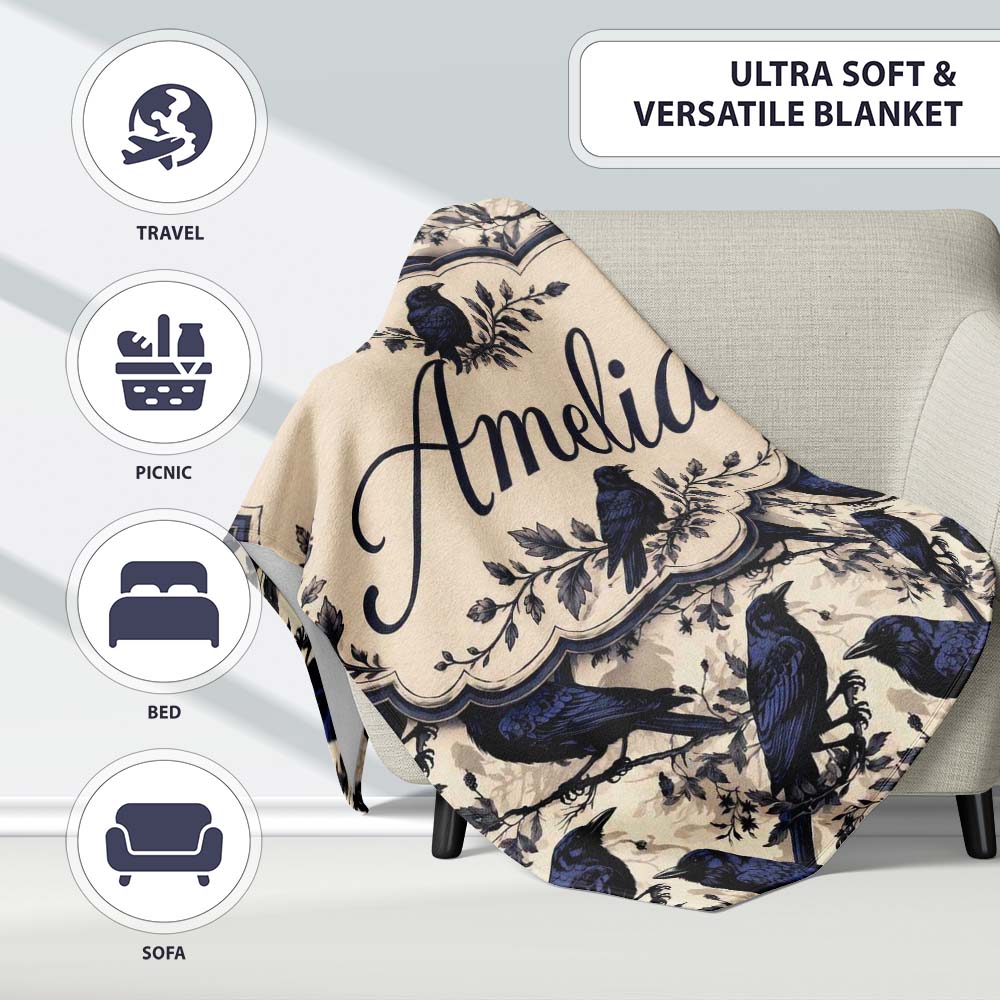 Deep Blue Raven Birds with Branches Seamless Pattern Lovely Personalised Custom Name Super Soft Fleece Blanket Bed Sofa Throw