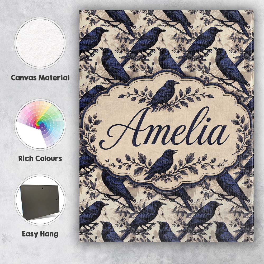 Personalised Name Deep Blue Raven Birds Custom Modern Room Accent Elegant Feature Canvas Wall Art Print Decor Picture Ready to Hang
