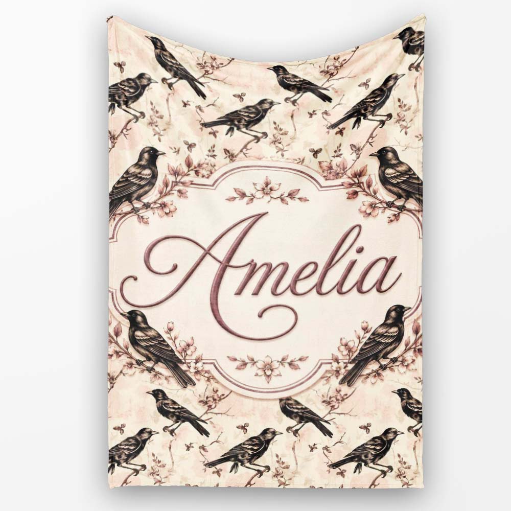Vintage Brown Black Birds with Floral Branch Seamless Pattern Lovely Personalised Custom Name Super Soft Fleece Blanket Bed Sofa Throw
