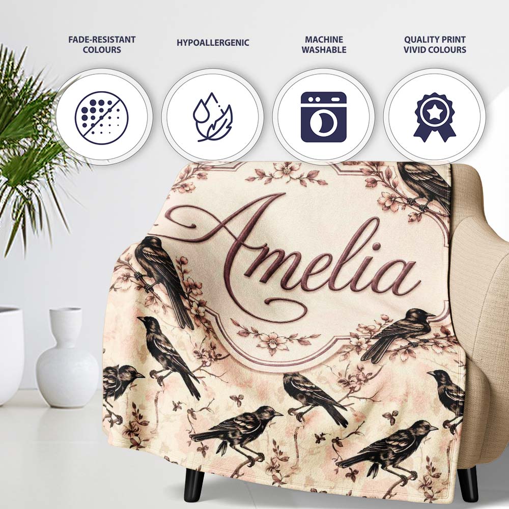 Vintage Brown Black Birds with Floral Branch Seamless Pattern Lovely Personalised Custom Name Super Soft Fleece Blanket Bed Sofa Throw