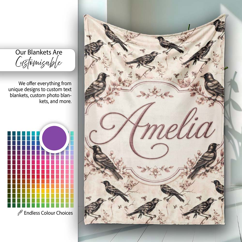 Vintage Brown Black Birds with Floral Branch Seamless Pattern Lovely Personalised Custom Name Super Soft Fleece Blanket Bed Sofa Throw