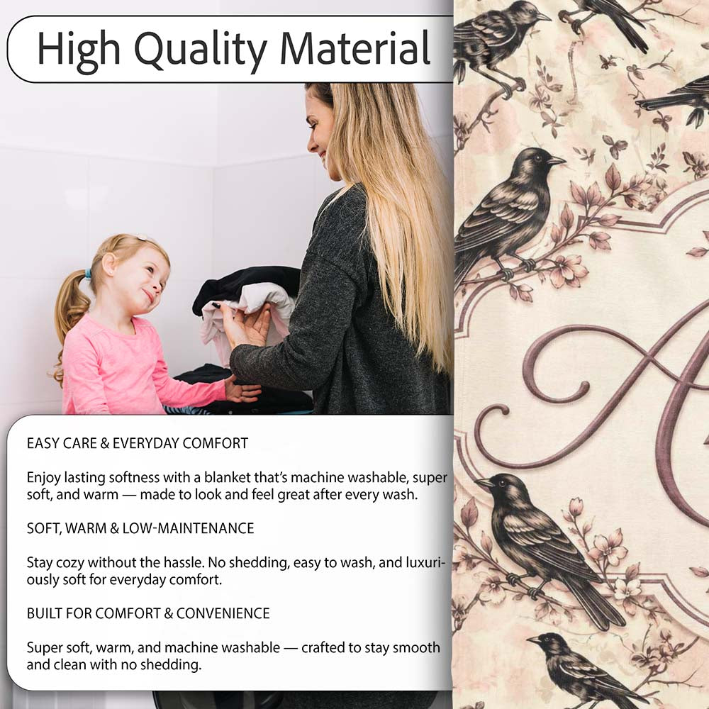 Vintage Brown Black Birds with Floral Branch Seamless Pattern Lovely Personalised Custom Name Super Soft Fleece Blanket Bed Sofa Throw