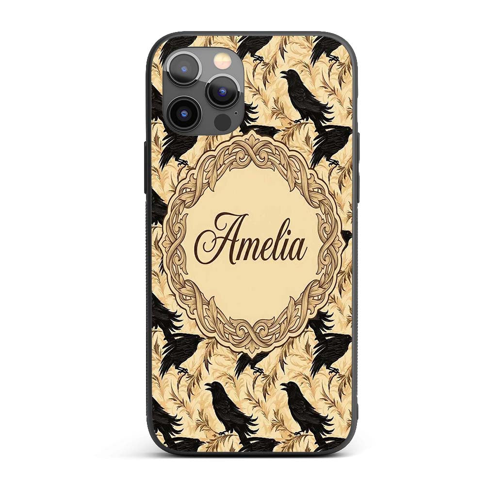 Gothic Raven Seamless Pattern on Beige Vintage Custom Name Protective Phone Case Mobile Cover Durable Everyday Smartphone Shock Resistant