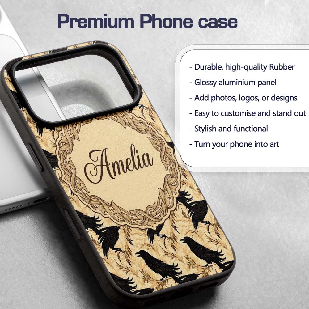 Gothic Raven Seamless Pattern on Beige Vintage Custom Name Protective Phone Case Mobile Cover Durable Everyday Smartphone Shock Resistant