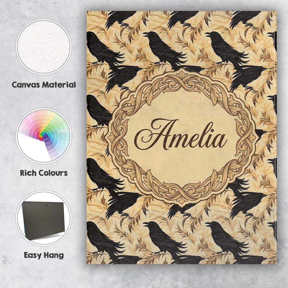 Personalised Name Gothic Raven Seamless Custom Modern Room Accent Elegant Feature Canvas Wall Art Print Decor Picture Ready to Hang