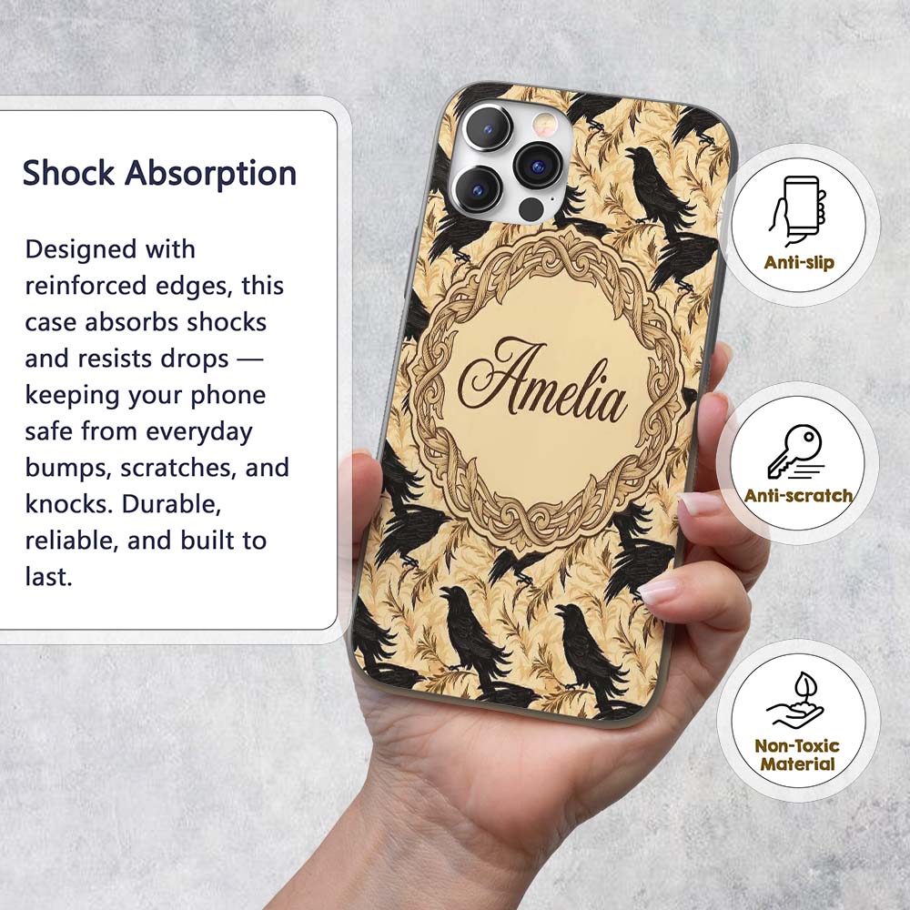 Gothic Raven Seamless Pattern on Beige Vintage Custom Name Protective Phone Case Mobile Cover Durable Everyday Smartphone Shock Resistant