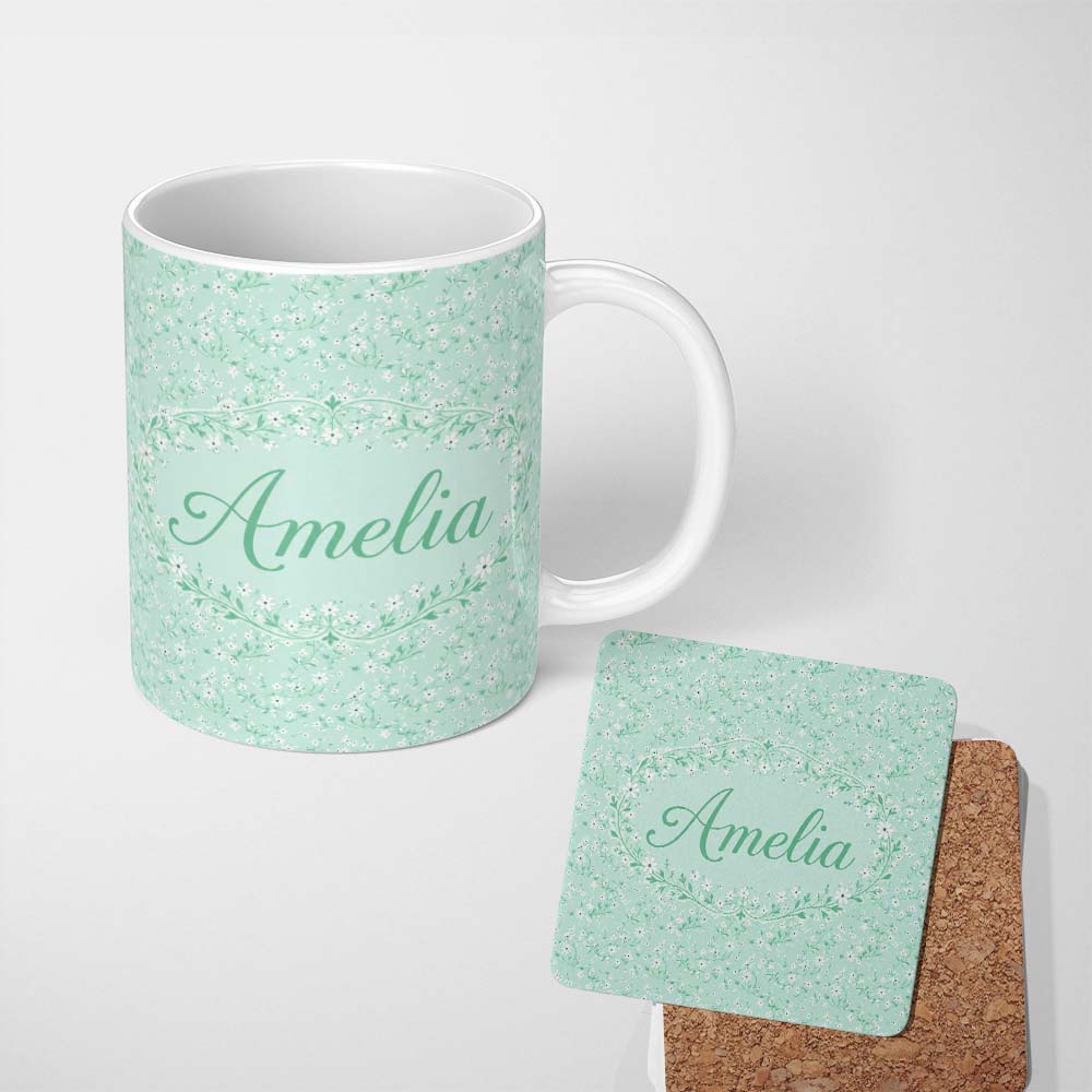 Personalized Custom Name Delicate White Wildflower on Soft Green Seamless Pattern Lovely 11oz Ceramic Coffee Tea Mug White Large Handle